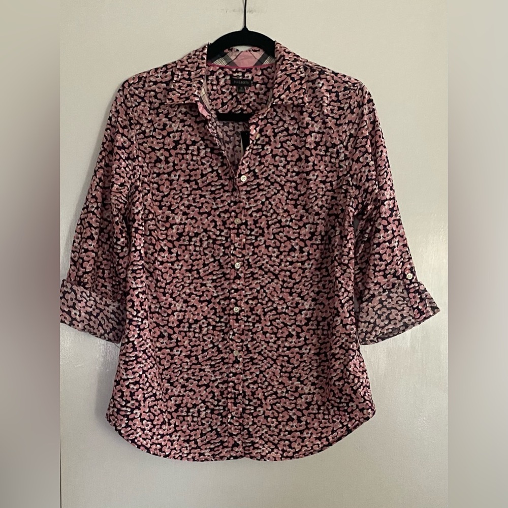 Talbots Navy and Pink Floral Button-Up Shirt. NWT